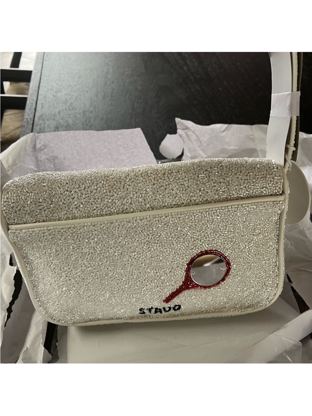 STAUD White Beaded Shoulder Bag with Blue Eyelash Detail and Red Lip Motif - Picture 4 of 6